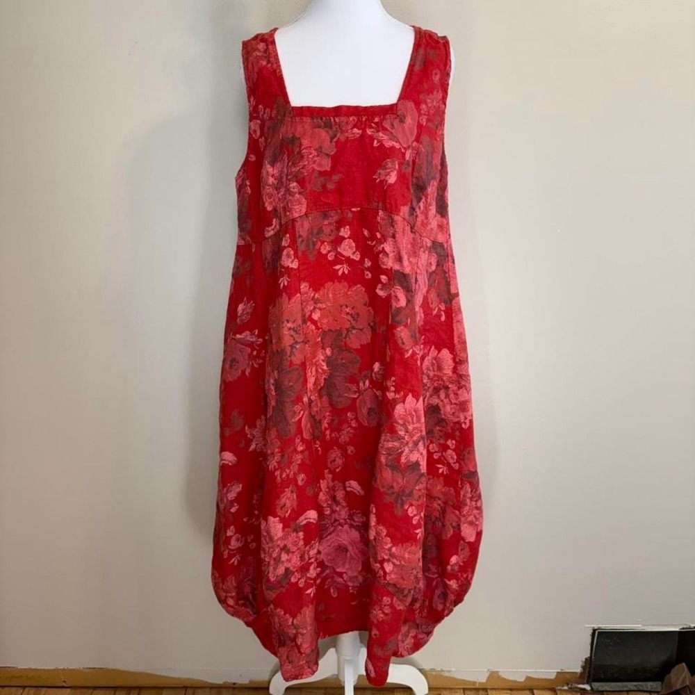 Red Floral 100% Linen Tunic Midi Dress Pockets Women's Sz M - see description